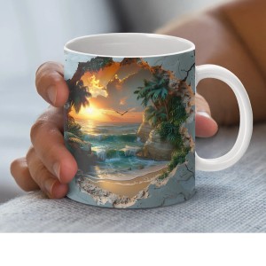Tropical Beach Sunset Ceramic Mug – Premium Wraparound Design Coffee Mug with Sunset & Palm Trees, Microwave & Dishwasher Safe