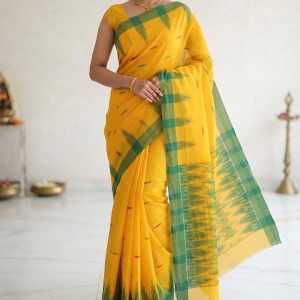 Sylheti Handloom Cotton Manipuri Saree with Shiuli Motif — Yellow Design