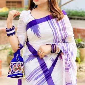 Sylheti Handloom Cotton Manipuri Saree — Purple and White