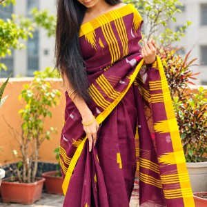Sylheti Handloom Cotton Manipuri Saree — Maroon and Yellow